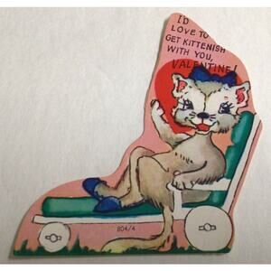 Vintage Die Cut Valentine’s Day Greeting Card Get Kittenish With You Cat 4"~755A